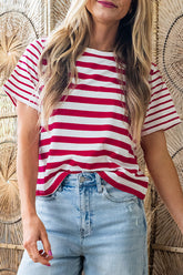 Red Stripe Patchwork Round Neck T Shirt