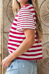 Red Stripe Patchwork Round Neck T Shirt