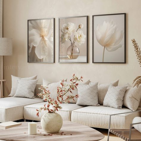 1PC/3PCS Frameless Nordic Beige Peony Flowers Canvas Painting Modern Floral Botanical Posters Aesthetic Wall Art Home Decoration