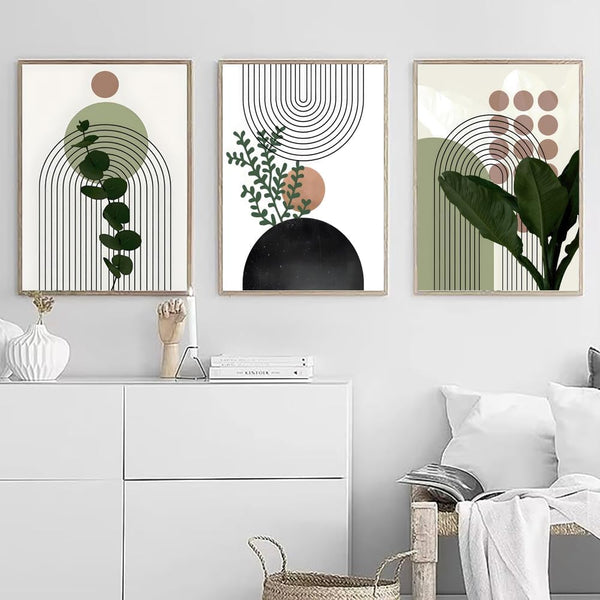 3pcs Modern Abstract Boho Poster Geometric Plant Leaf Sun Line Canvas Painting Wall Art Print Picture Living Room Interior Decor