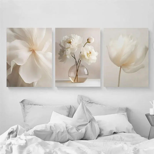 1PC/3PCS Frameless Nordic Beige Peony Flowers Canvas Painting Modern Floral Botanical Posters Aesthetic Wall Art Home Decoration