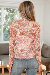 White Retro Floral Print Mock Neck Mesh Long Sleeve Top