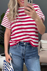 Red Stripe Patchwork Round Neck T Shirt